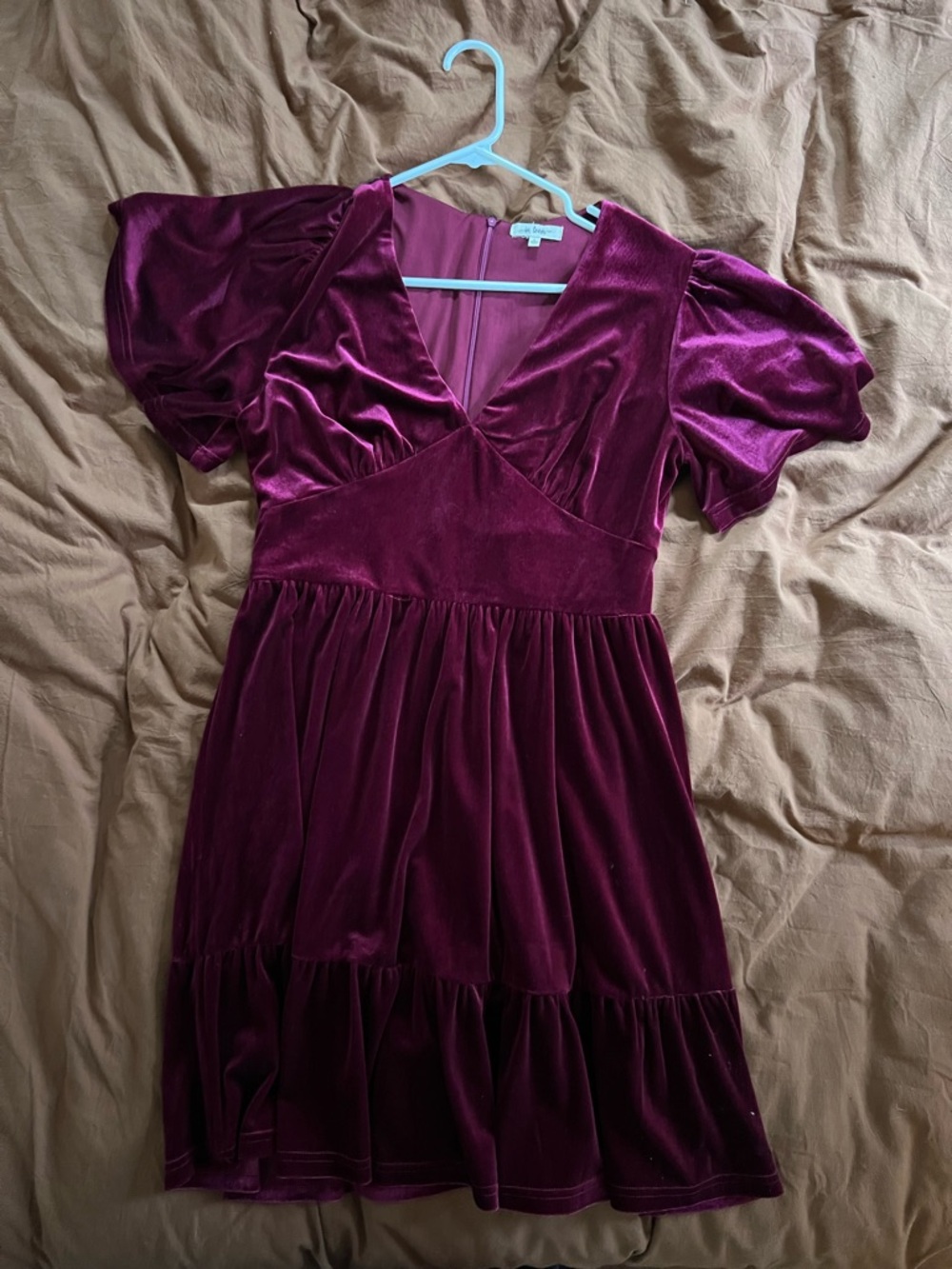 Velvet Puff-Sleeve Mini Dress in Plum
